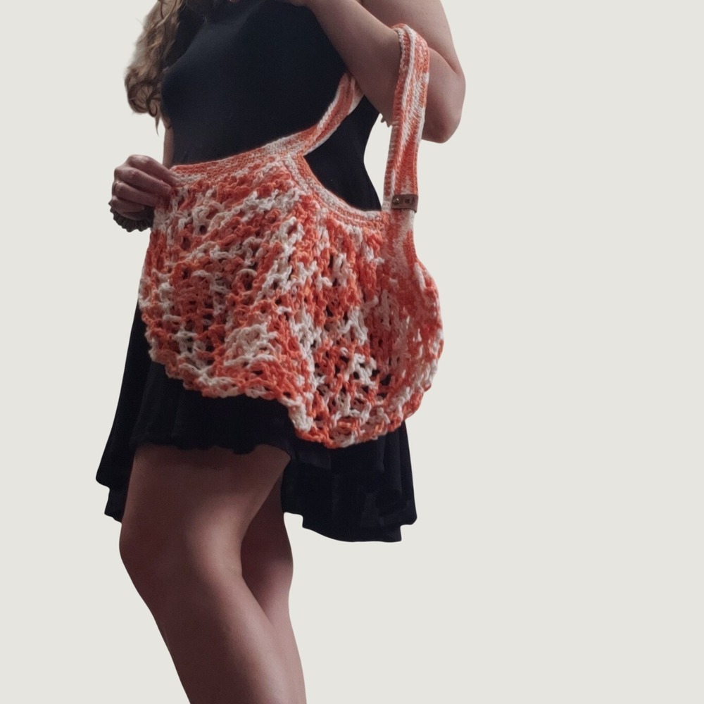 Handmade Crochet Market Bag‎ Orange Boho Mesh Net Tote Summer Beach Shopping